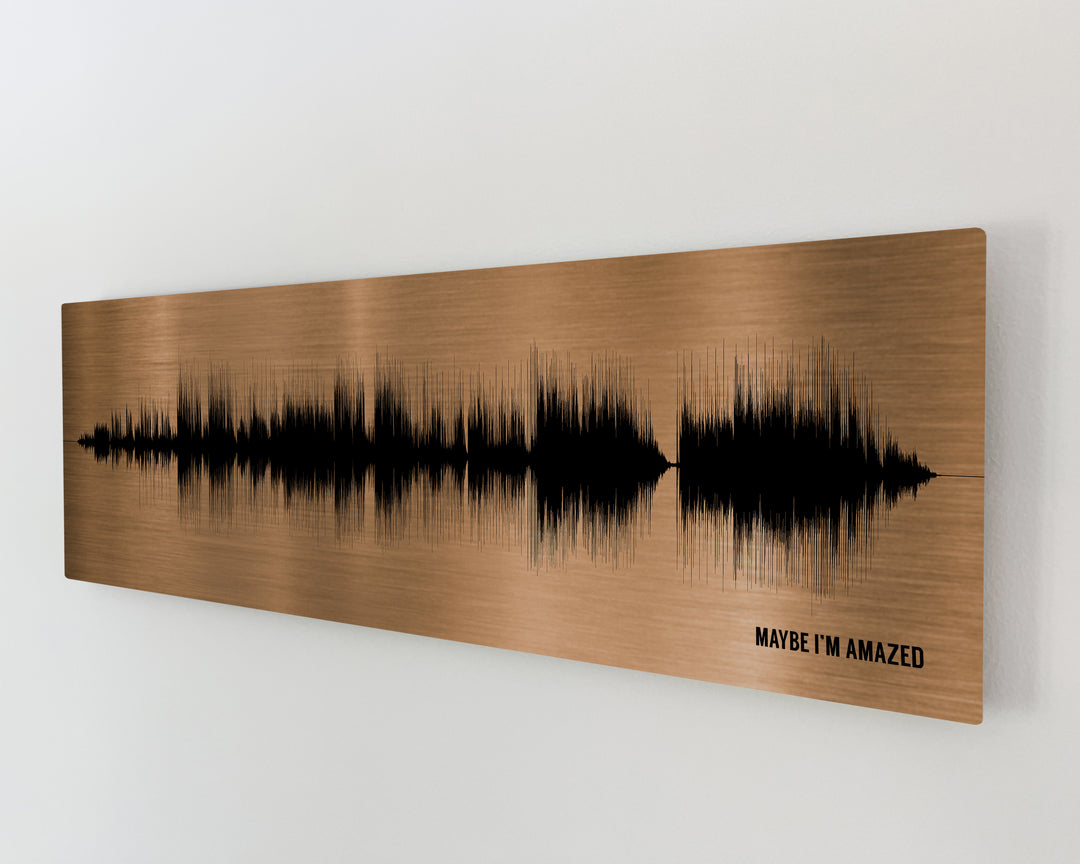 The image is a large, rectangular metal art piece that features a sound wave pattern. The text "MAYBE I'M AMAZED" is printed on the bottom right side of the artwork.