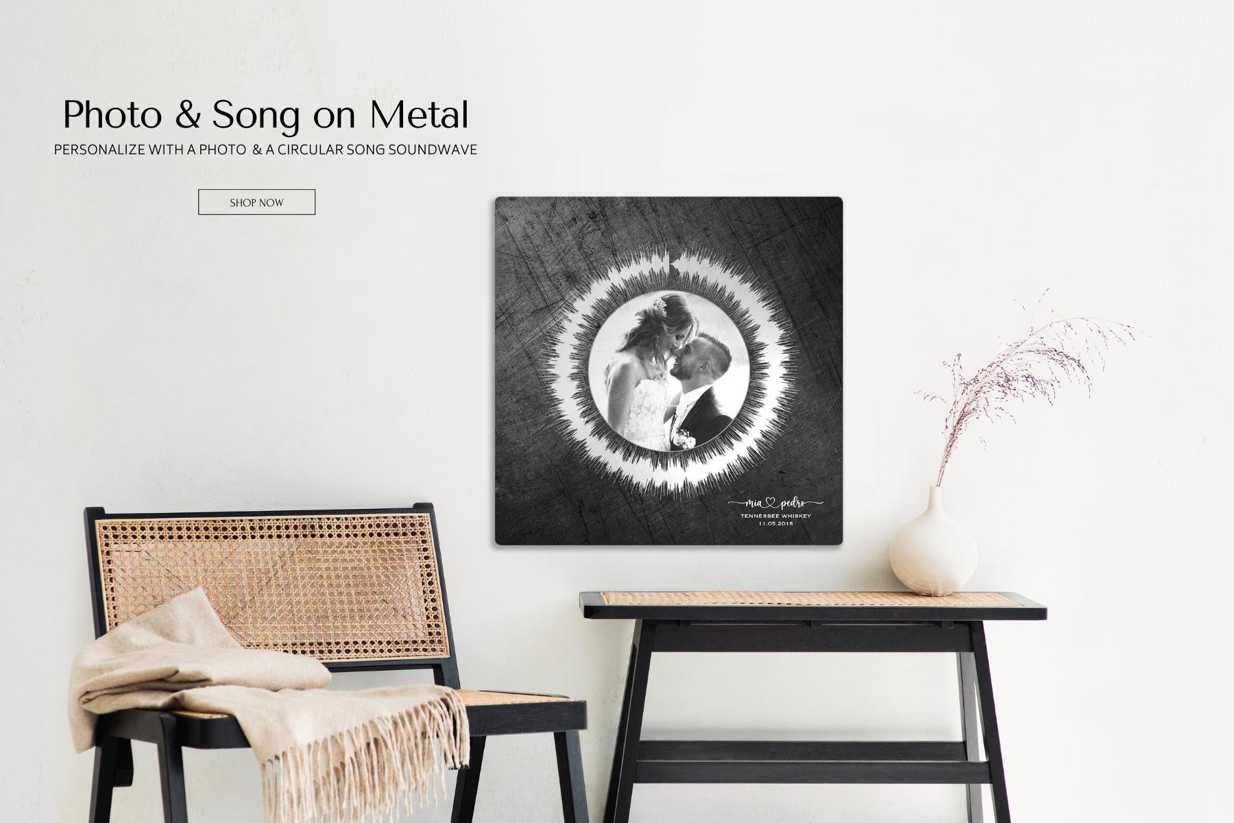 Photo of Couple with Circular Song Soundwave on Iron Textured Metal