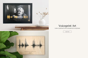 Framed Voiceprint of Grandmother's Voicemail Message and Photo and a Voice Message Printed on Wood Panel