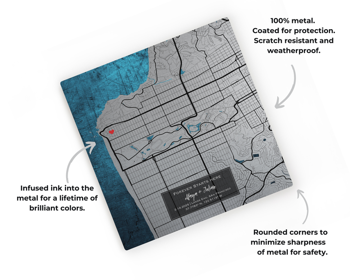 The image is a detailed map of a city, with a metal overlay that has been coated for protection, scratch resistance, and weatherproofing. The map is infused with a metallic ink that adds a unique touch to the design. The map is designed to be used as a personalized keepsake, with rounded corners to minimize sharpness and a black label that provides additional information about the map.