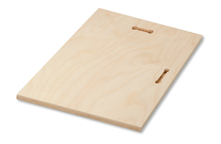 A wooden cutting board with a light-colored, natural wood grain texture.