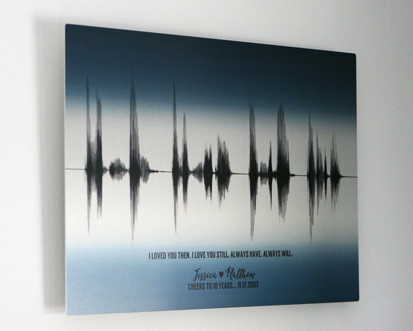 A tin print of sound wave art, perfect as a sentimental and personalized 10 year metal anniversary gift.